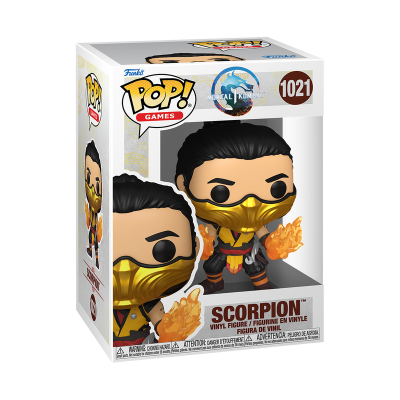 Figura Funko Pop! Scorpion de vinil com máscara dourada e mãos em chamas na embalagem