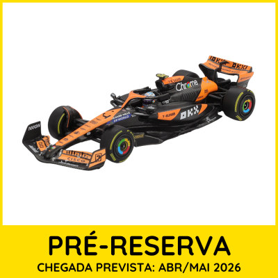 Miniatura de carro de Fórmula 1 preto e laranja com texto promocional amarelo