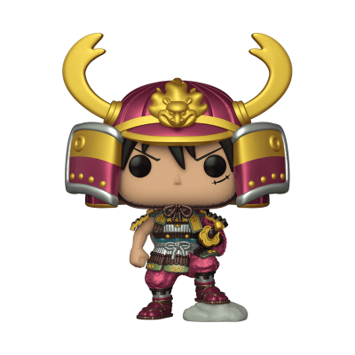 Figura colecionável Funko Pop de samurai com capacete vermelho, dourado e rosa e base branca