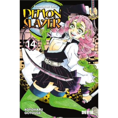 Capa do livro manga Demon Slayer Kimetsu no Yaiba volume 14 com personagem feminina colorida e espada