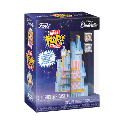 Caixa Funko Pop! Bitty Cinderella's Castle azul com castelo colorido em rosa, azul e dourado