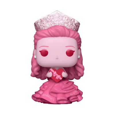 Boneco Funko Pop feminino com cabelo e vestido rosa segurando coração e com coroa