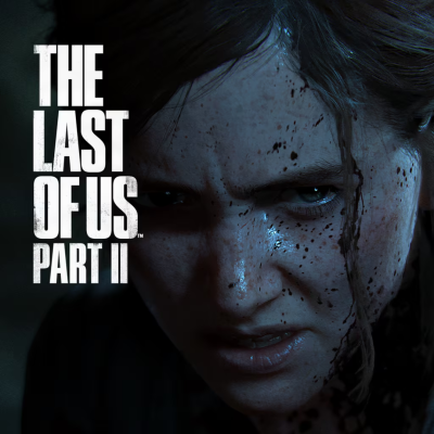 Capa do jogo THE LAST OF US PART II com rosto feminino sujo de sangue e cabelo castanho escuro