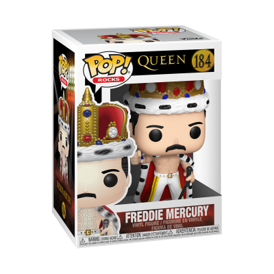 Figura Funko Pop! de Freddie Mercury com coroa e manto em caixa