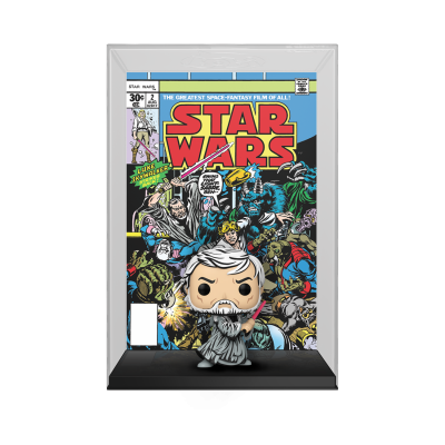 Figura Funko Pop de Star Wars frente a poster de banda desenhada Star Wars em moldura