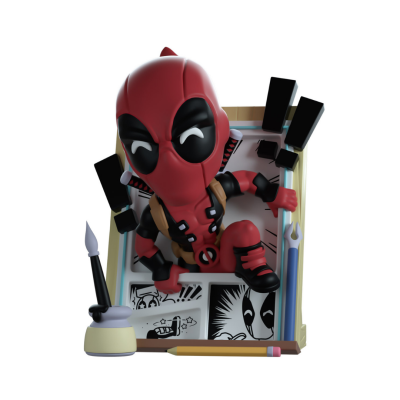 Figura estilizada de Deadpool com acessórios de desenho e base de banda desenhada