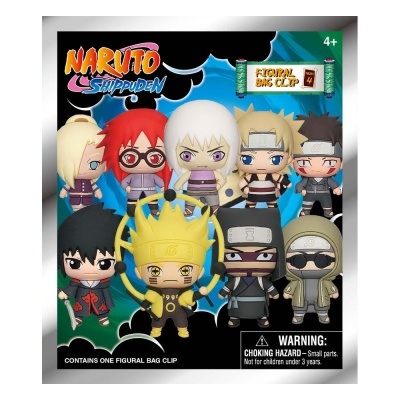 Figuras de borracha Naruto Shippuden em caixa preta com texto e aviso de segurança.