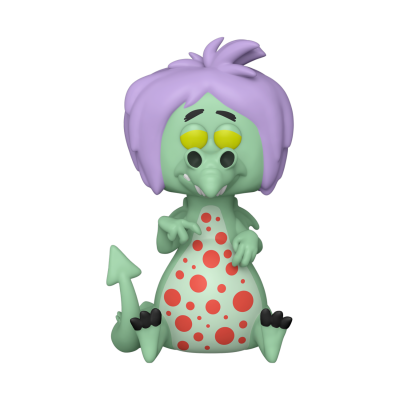 Figura de brinquedo de dragão verde com manchas vermelhas na barriga e crista lilás sentado