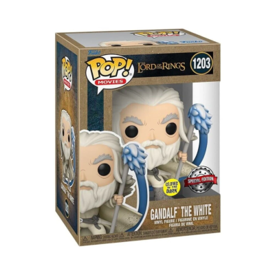 Funko Pop! Gandalf The White, embalagem com texto e etiquetas especiais.