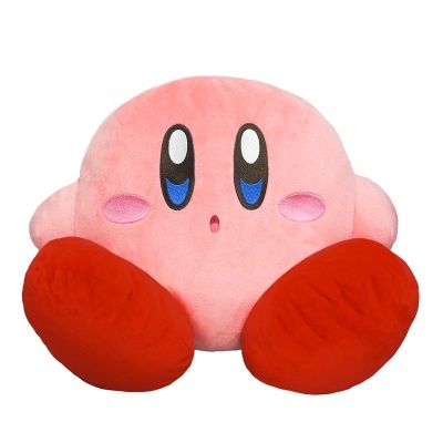 Pelúcia rosa da personagem Kirby com sapatos vermelhos