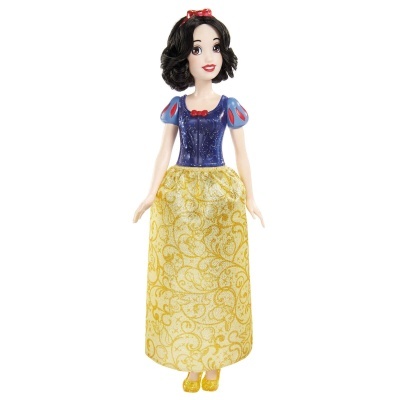 Boneca Branca de Neve com vestido azul e amarelo e laço vermelho