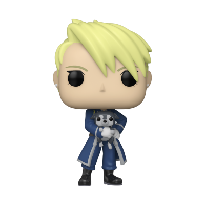 Figurina Funko Pop de personagem loiro com casaco azul e cão de brinquedo