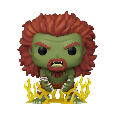 Figura Funko Pop personagem pele verde, cabelo ruivo, chamas amarelas