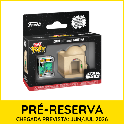 Funko Bitty Pop de Greedo e Cantina em caixa preta Star Wars com miniaturas visíveis