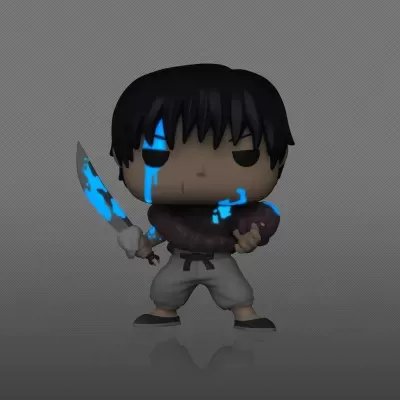 Figura Funko Pop com cabelo preto e faca azul luminosa
