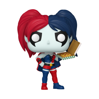 Figura colecionável de personagem com cabelo vermelho e azul segurando caixa de pizza