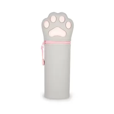 Estojo cinzento de silicone com fecho rosa em forma de pata de gato