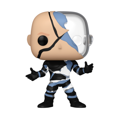 Figura Funko Pop metade rosto humano e metade metálico com padrão azul e preto