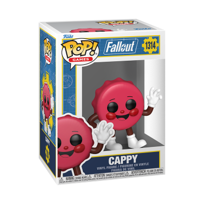 Figura Funko Pop! Fallout Cappy vermelha em caixa azul e branca