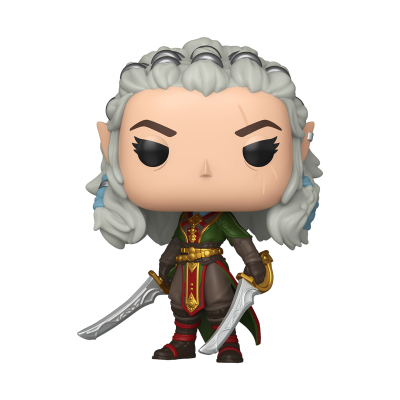 Figura Funko Pop com cabelo branco, roupa colorida e duas espadas