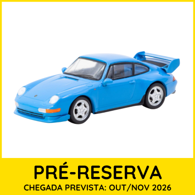 Miniatura de carro desportivo azul com asa traseira e moldura amarela com texto preto