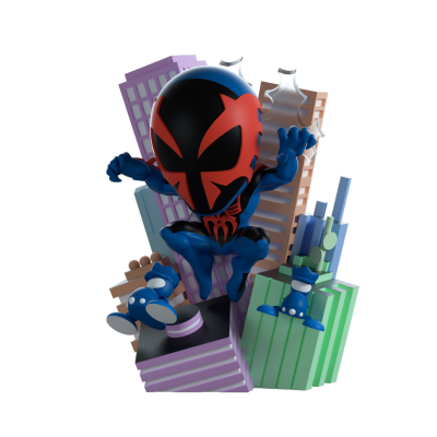 Figura de ação de super-herói com máscara entre prédios coloridos