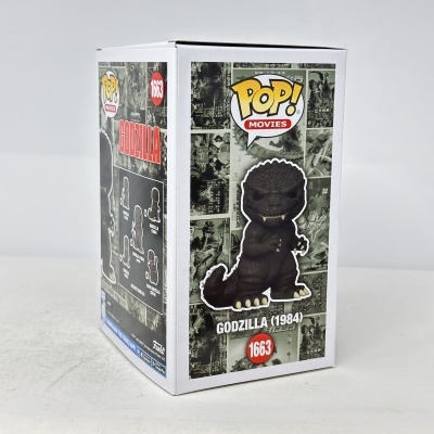 Caixa de brinquedo Funko Pop Godzilla 1984 com design preto e branco e detalhes vermelhos