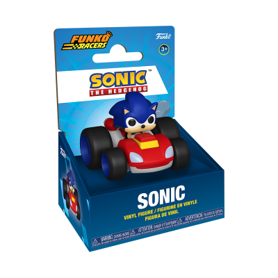 Figura vinílica Sonic the Hedgehog em carrinho de corrida numa caixa azul
