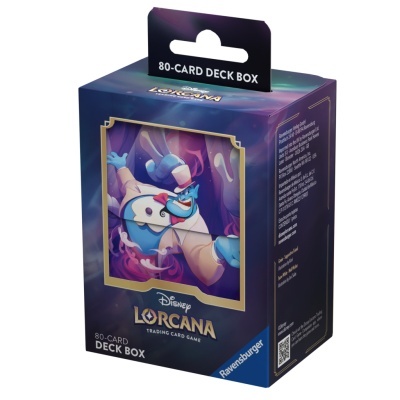 Caixa de papelão para 80 cartas do jogo Disney Lorcana com imagem de personagem azul e texto do produto.