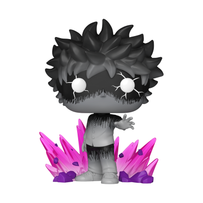 Boneco Funko Pop cinzento e preto com cristais rosas e roxos na base