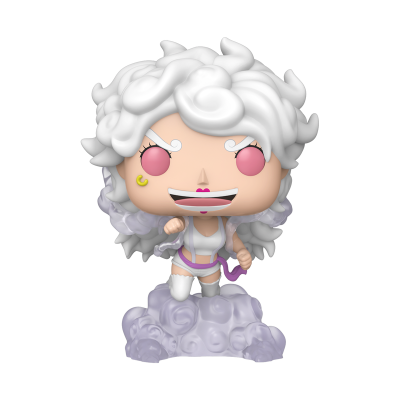 Figura Funko Pop com cabelo branco encaracolado, olhos cor-de-rosa e roupa branca com detalhes roxos sobre base de nuvem roxa