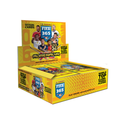 Caixa amarela de cartas colecionáveis FIFA 365 Adrenalyn XL 2026 com jogadores e textos oficiais.