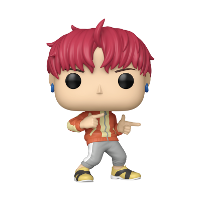 Figura colecionável de vinil com cabelo vermelho, casaco laranja e calças cinzentas
