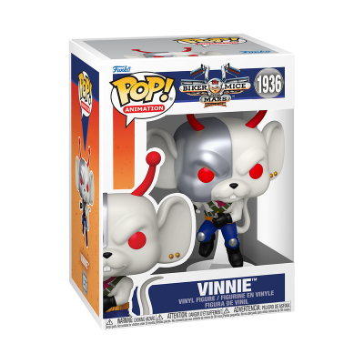 Figura Funko Pop! Animation Vinnie, personagem com chifres vermelhos, olhos vermelhos, vestuário preto e azul, dentro de caixa com janela