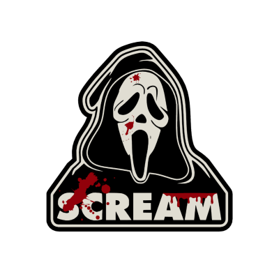 Ilustração do rosto do Ghostface com palavra SCREAM e manchas vermelhas
