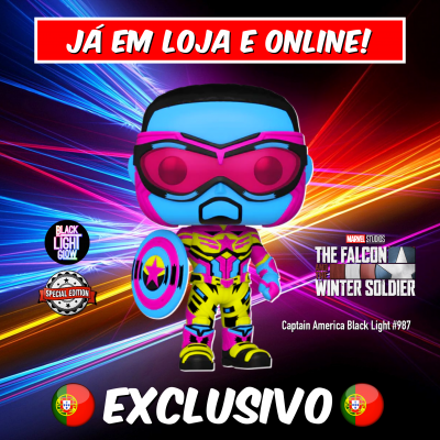 Figura colecionável Captain America Black Light com escudo e máscara, texto promocional e fundo colorido.