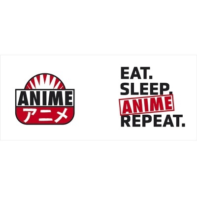 Logótipos com texto ANIME em inglês e japonês, e frase EAT. SLEEP. ANIME. REPEAT.