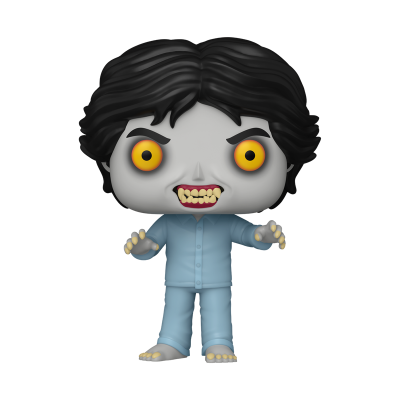 Figura Funko Pop com cabelo preto, pele cinzenta, olhos amarelos e pijama azul