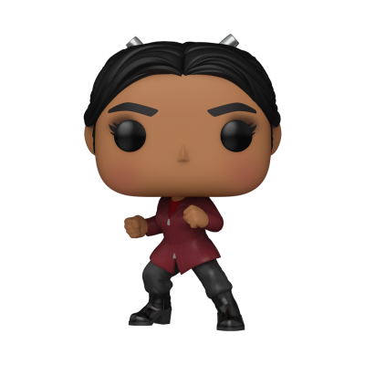 Boneco Funko Pop personaje feminina com cabelo preto e casaco vermelho em pose de combate