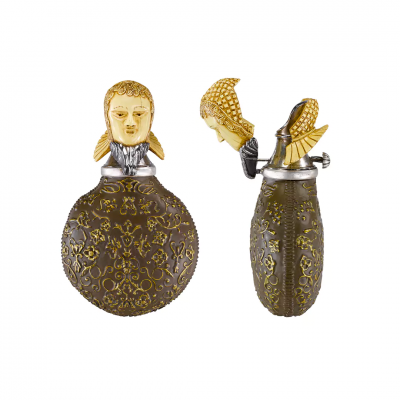 Frasco de perfume decorativo com tampa dourada em forma de cabeça e asas