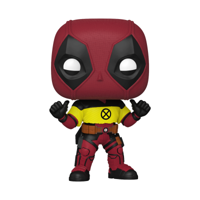 Boneco Funko Pop do Deadpool em fato vermelho, preto e amarelo com símbolo X