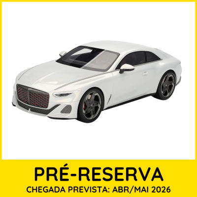 Modelo de carro desportivo branco com fundo branco e texto amarelo de pré-reserva