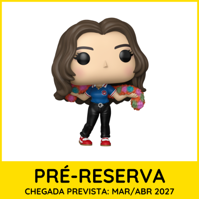 Figura colecionável estilo Funko Pop com camisa azul e cachecol colorido.