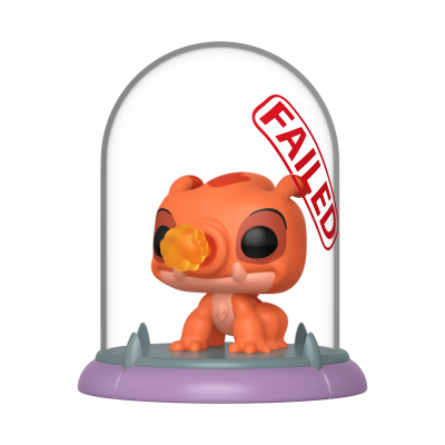 Figurinha Funko Pop laranja dentro de uma cúpula com selo FAILED