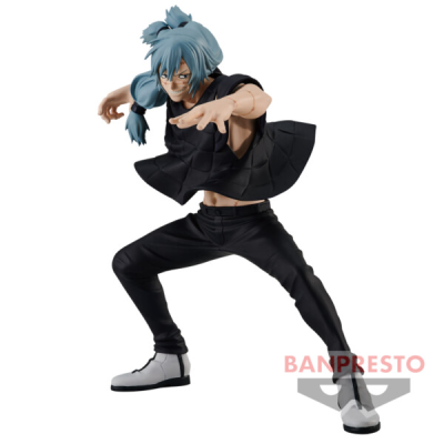 Figura colecionável de personagem anime com roupa preta e cabelo azul claro em pose dinâmica