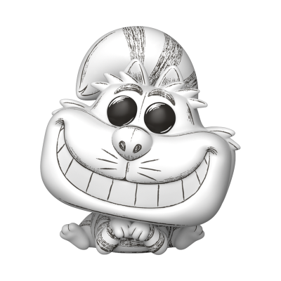 Boneco colecionável tipo POP do Gato de Cheshire branco e cinza com sorriso largo