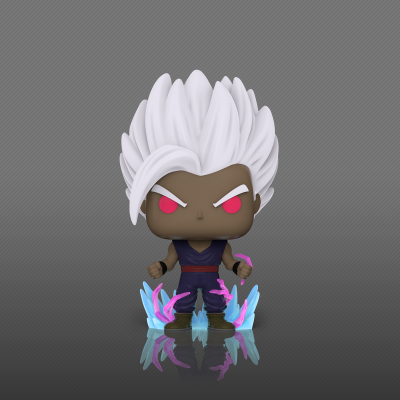 Boneco Funko Pop com cabelo branco e olhos vermelhos em fundo cinzento