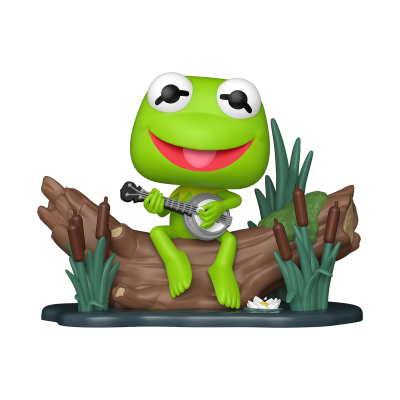 Figura decorativa de rã verde com banjo num cenário natural