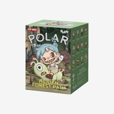Caixa verde com personagem animado e texto POP MART POLAR HIDDEN FOREST PATH