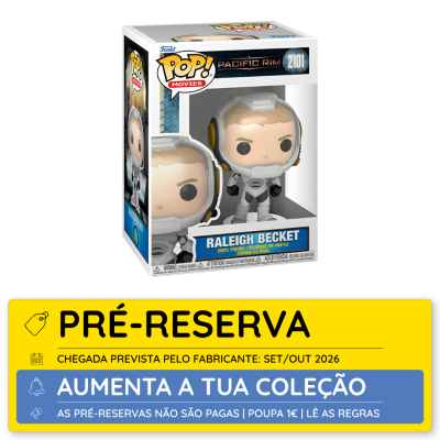 Funko Pop Raleigh Becket Pacific Rim na caixa com aviso de pré-reserva amarelo e azul
